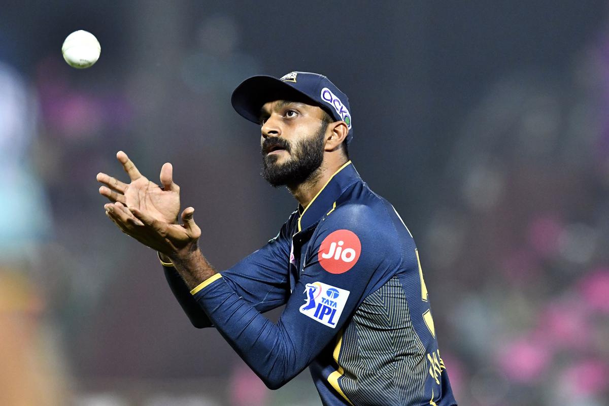 Gujarat Titans’ Vijay Shankar takes a catch to dismiss Riyan Parag in Indian Premier League (IPL) Twenty-20 cricket match between Rajasthan Royals and Gujarat Titans at the Sawai Mansingh Stadium in Jaipur.