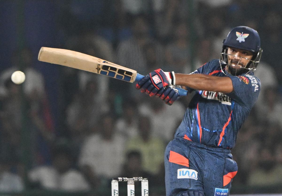 FILE PHOTO: Lucknow Super Giants player Nicholas Pooran plays a shot during the IPL T20 Match at the Arun Jaitley Cricket Stadium in New Delhi.