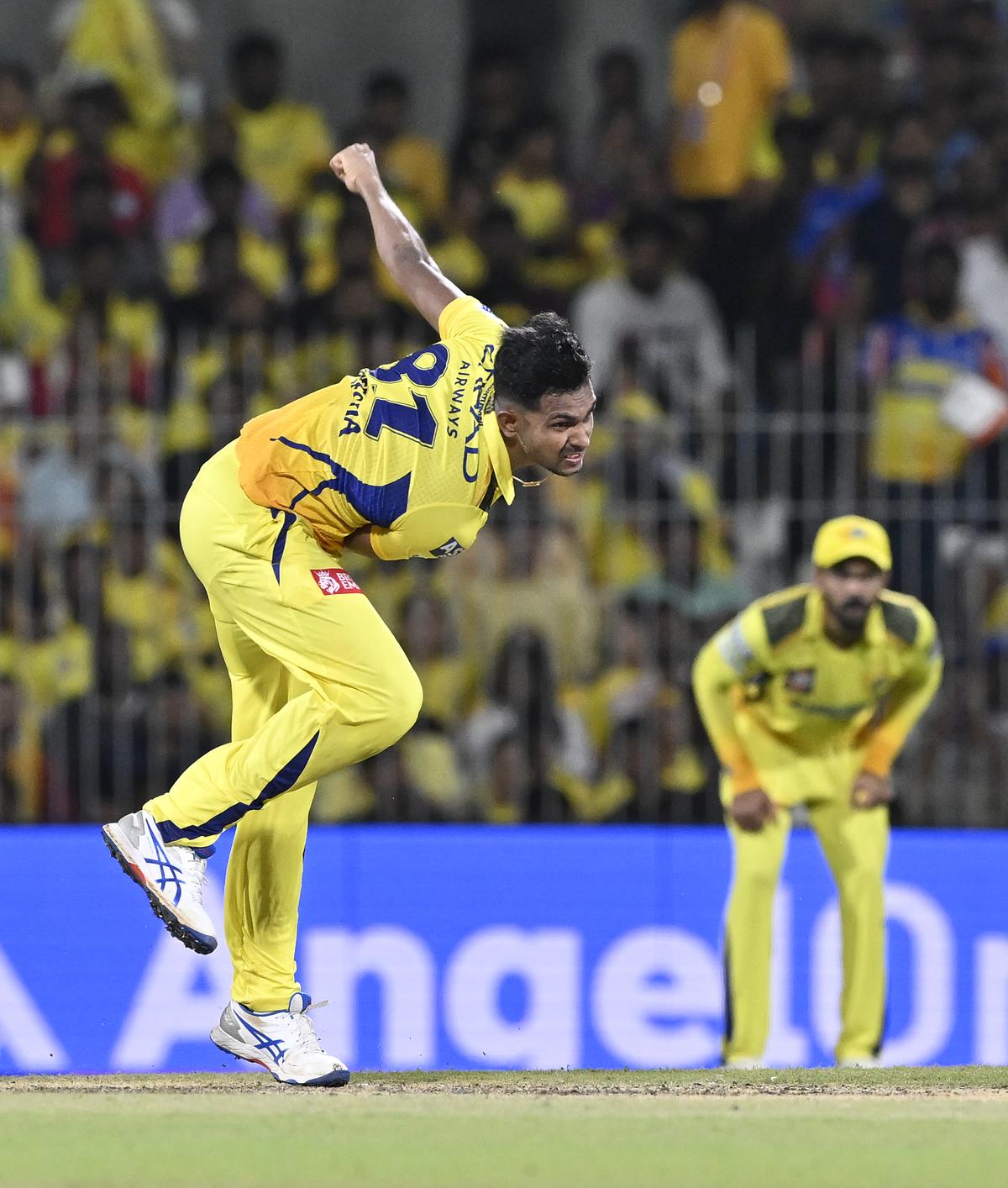 FILE PHOTO: CSK bowler Matheesha Pathirana in action during the TATA IPL T20 match between CSK vs LSG at MAC Stadium in Chennai.