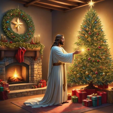 This may contain: jesus standing in front of a christmas tree