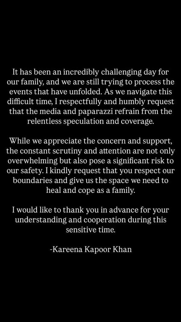 Kareena Kapoor Khan shares an official statement after Saif Ali Khan's stabbing incident: 'We are still trying to process the events..' | Hindi Movie News - Times of India