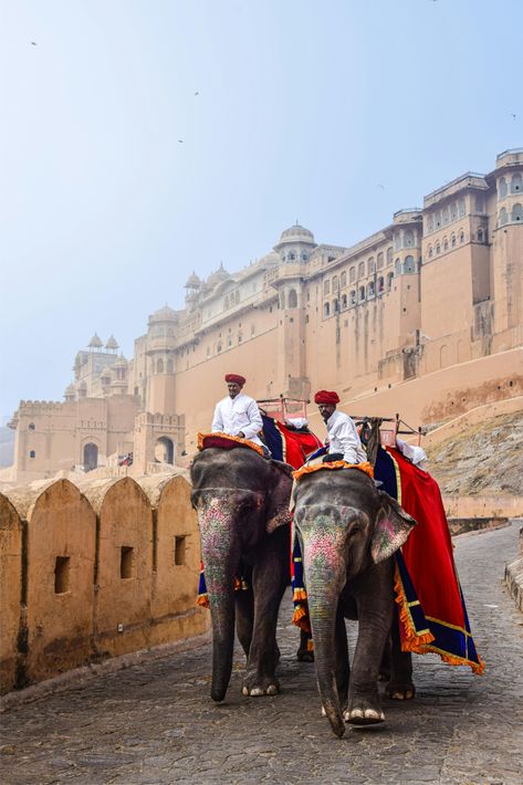 This may contain: two men riding on the backs of elephants in front of an old castle like building