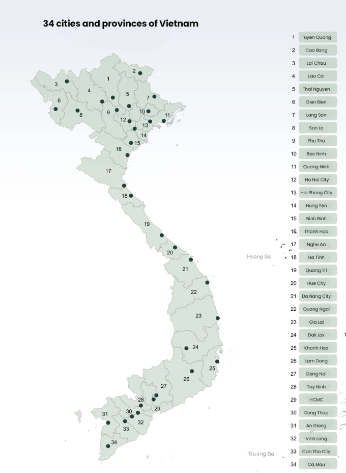 A map of 34 cities and provinces of Vietnam.