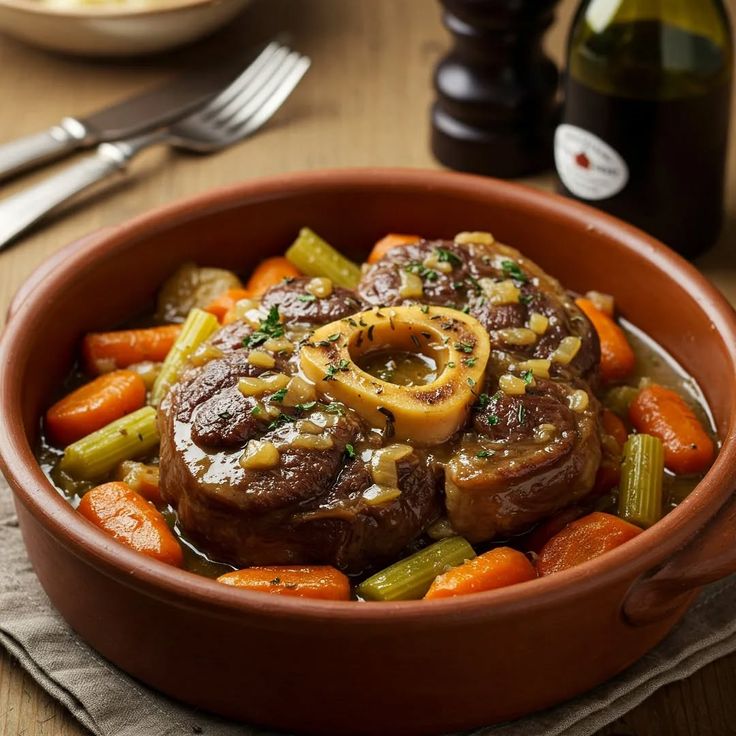 This may contain: a bowl filled with meat and vegetables on top of a wooden table next to a bottle of wine