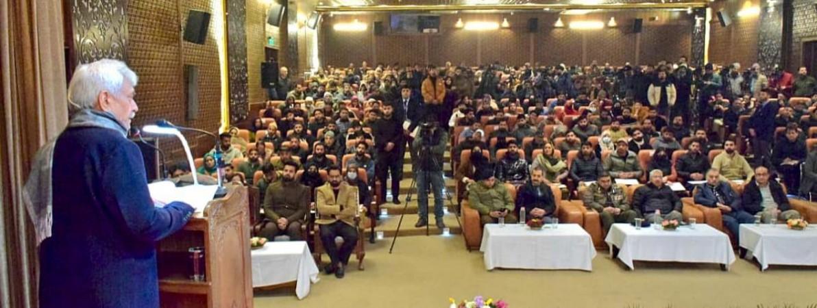 J&K Lieutenant Governor Manoj Sinha addressing the gathering after handing over appointment letters to terror victims in Srinagar LG Manoj Sinha