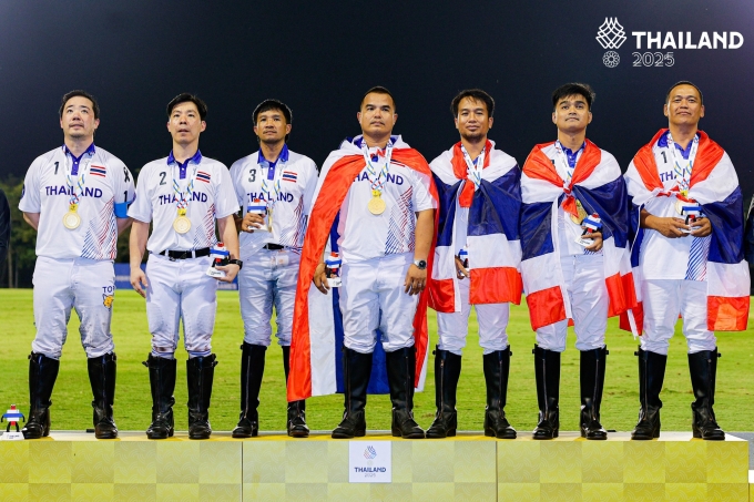 Aiyawatt Srivaddhanaprabha (first on left) and other Thailand polo players pose on the podium after their win at the 33rd SEA Games. Photo from Thailand Polo Associations Facebook