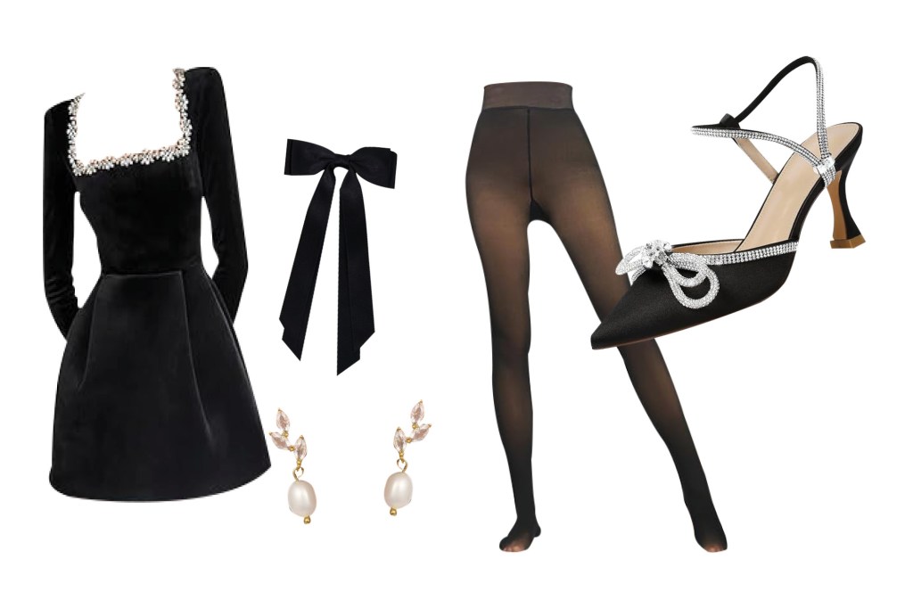 Collage of a black velvet mini dress, black bow tie, sheer black tights, pearl drop earrings, and black sparkling heels.