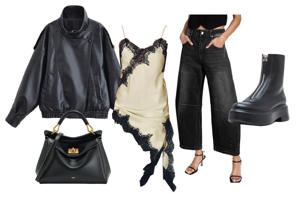 Collage of an oversized black leather jacket, a cream slip dress with black lace trim, wide-leg black jeans, a black handbag, and black platform boots.