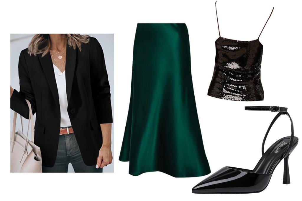 Collage of a woman wearing a black blazer, a green skirt, a sparkly top, and black heels.