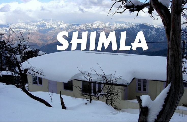 This may contain: the word shimla is written in front of a snow covered house with mountains in the background