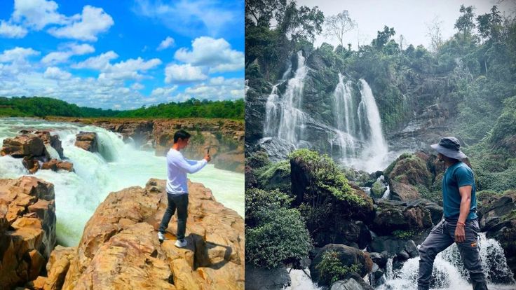 This may contain: two pictures side by side, one with a waterfall and the other with a man standing on rocks