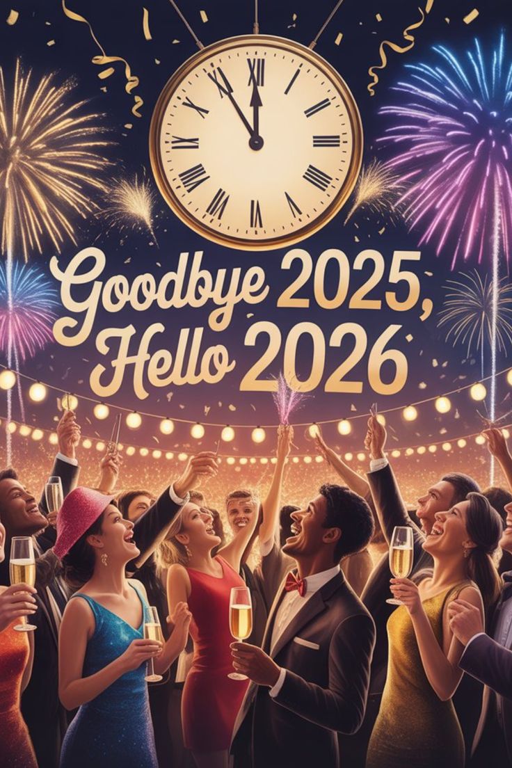 This may contain: a group of people standing in front of a large clock with fireworks on the background