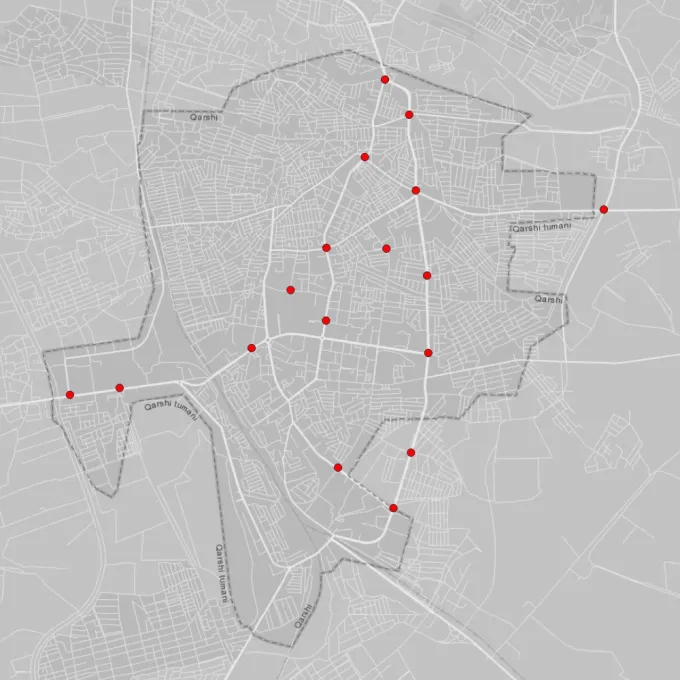 a map of the southern city of Qarshi in Uzbekistan, showing red dot markers revealing the location of license plate readers across the city.