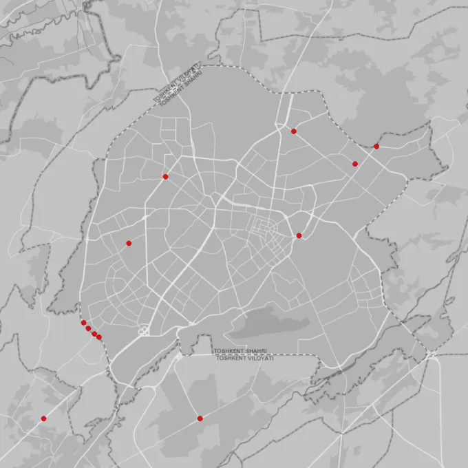 a map of the Uzbek capital city of Tashkent, showing red dot markers revealing the location of license plate readers across the city.