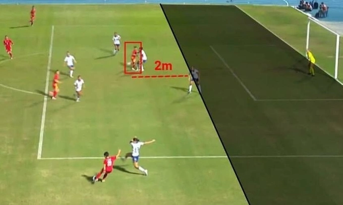 A screenshot showed that Nguyen Thi Bich Thuy was still about 2 m from the offside line, but her goal was disallowed in the match between Vietnam and the Philippines at the SEA Games 33 womens football final in Chonburi, Thailand on Dec. 17, 2025.
