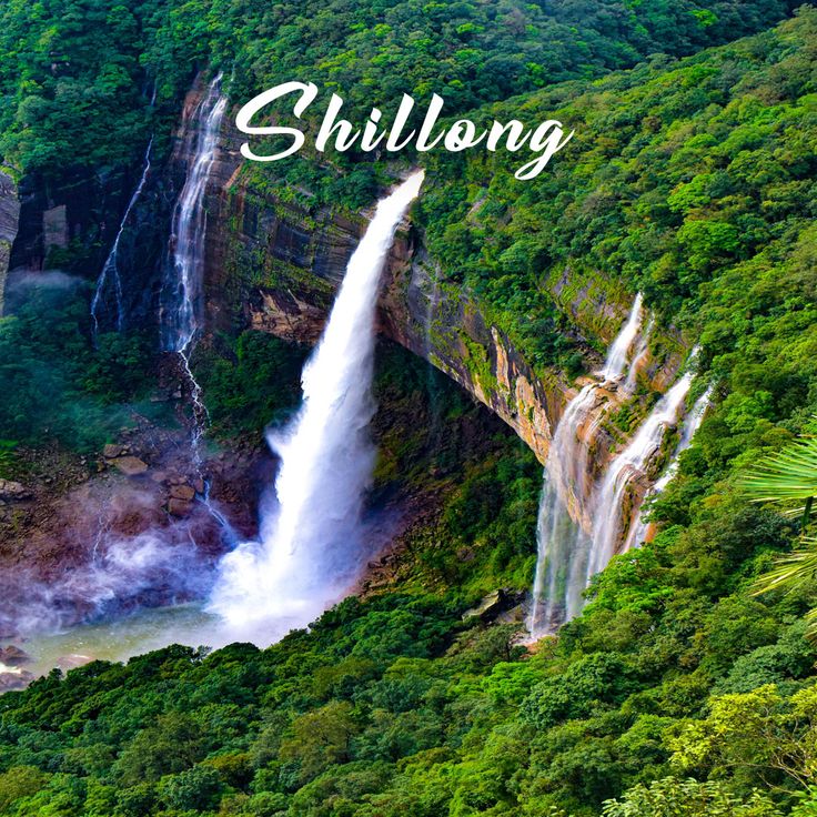 This may contain: an aerial view of a waterfall with the words shillong in front of it