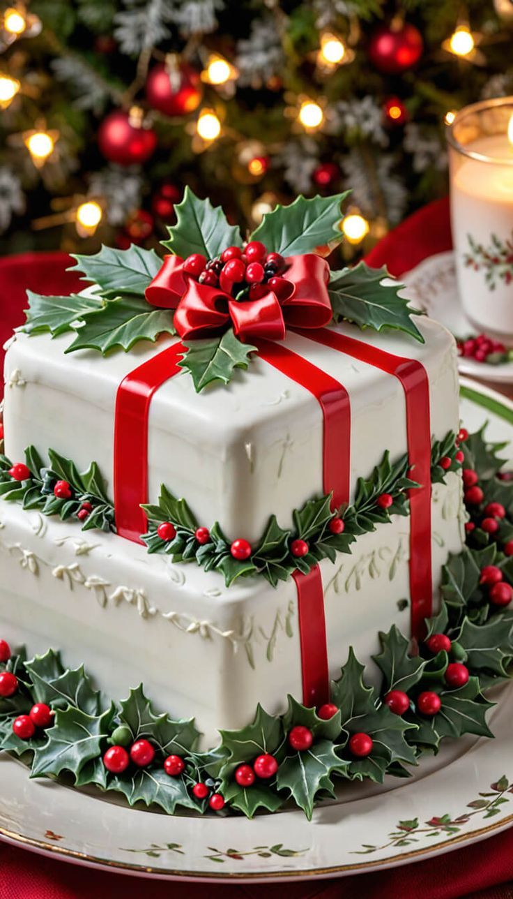 This may contain: a christmas cake decorated with holly leaves and red ribbon on a plate next to a lit candle