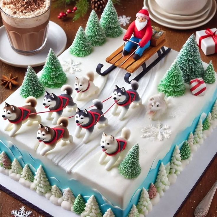 This may contain: a cake decorated to look like a sleigh ride with dogs and people on it