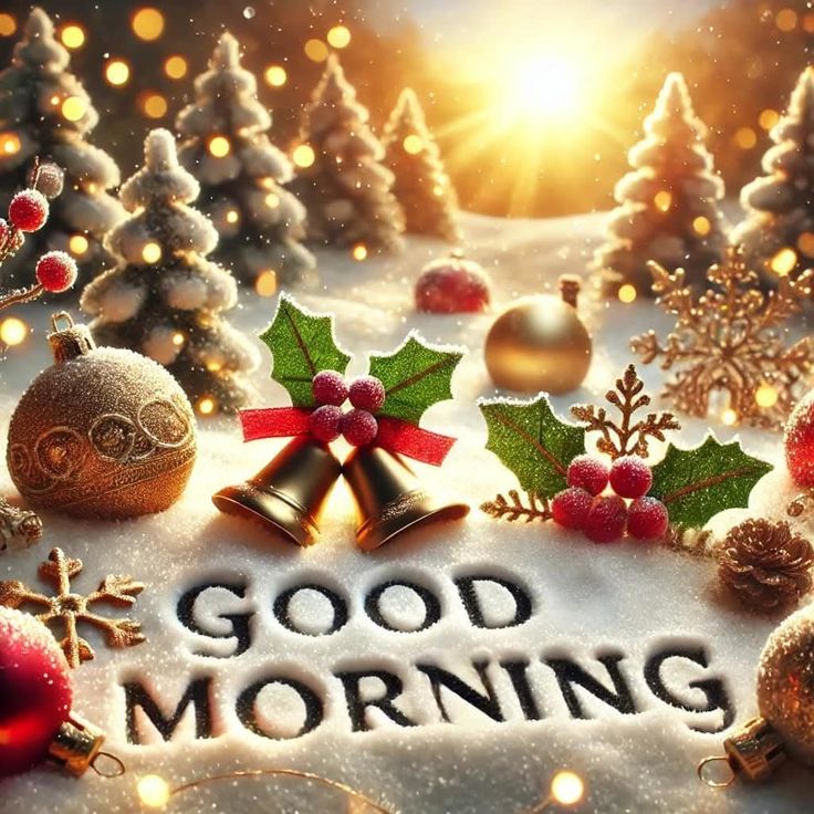This may contain: the words good morning are surrounded by christmas decorations and bells on snow - covered ground