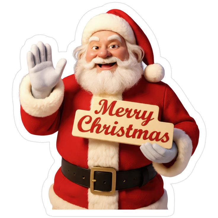 This may contain: a santa clause holding a sign that says merry christmas with his hand in the air
