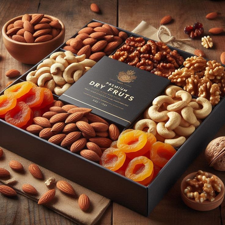 This may contain: a box filled with nuts and dried fruits