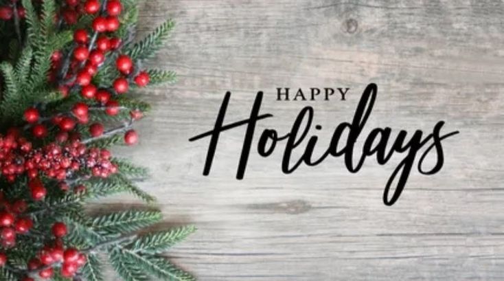 This may contain: the words happy holidays written in black on a wooden background with red berries and evergreen leaves