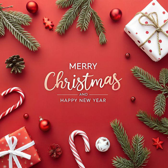 This may contain: merry christmas and happy new year greeting card with presents, candies, candy canes and pine cones