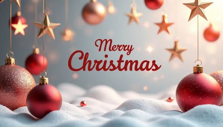 This may contain: christmas balls and stars hanging from strings with the words merry christmas written on them in red