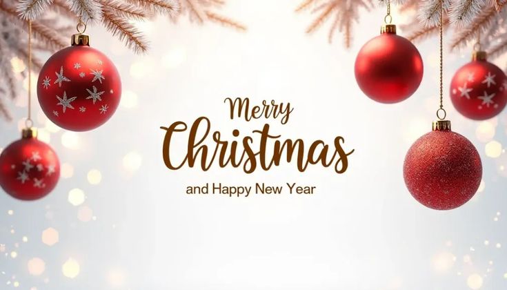 This may contain: merry christmas and happy new year greeting card with red baubles hanging from the branches