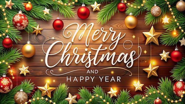 This may contain: merry christmas and happy new year greeting card with pine branches, ornaments and stars on wooden background