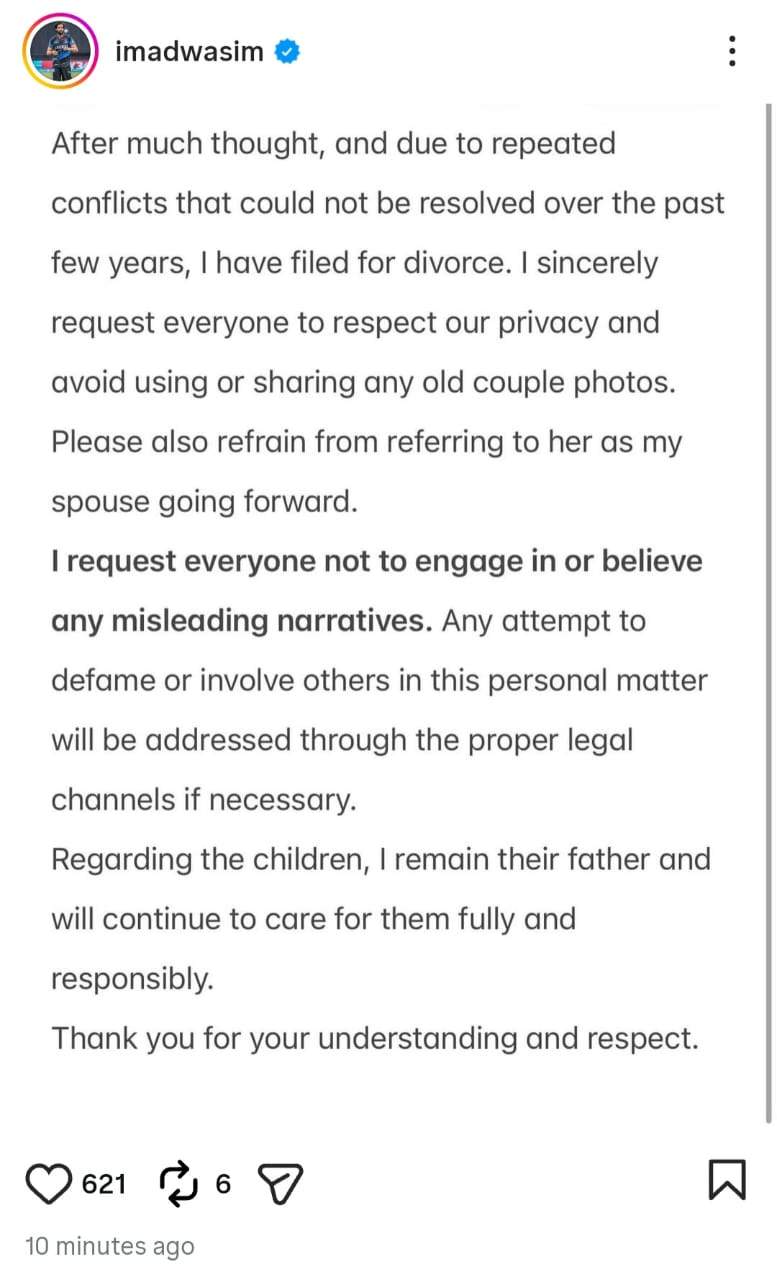 Pakistani cricketter imad was announces divorce from Wife Sannia Ashfaq