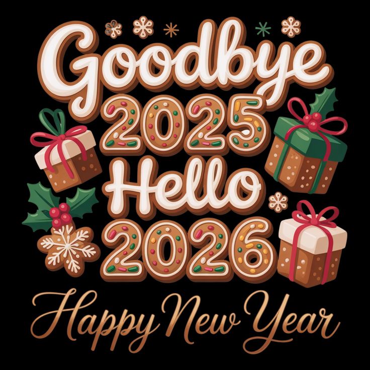 This may contain: a happy new year card with presents and gifts on it, the words goodbye 205 hello 205
