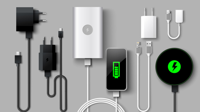 Digital graphic shows smartphone and charging accessories