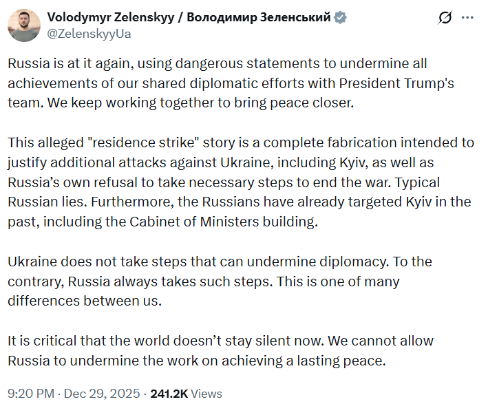 Zelensky posted on X calling Russia's allegations false.