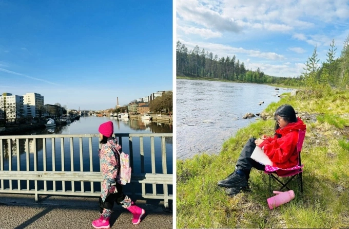 Han Dong walks to school in Turku in 2024 (left)and paints a lakeside landscape in Lapland in summer 2025. Photo courtesy of Nga