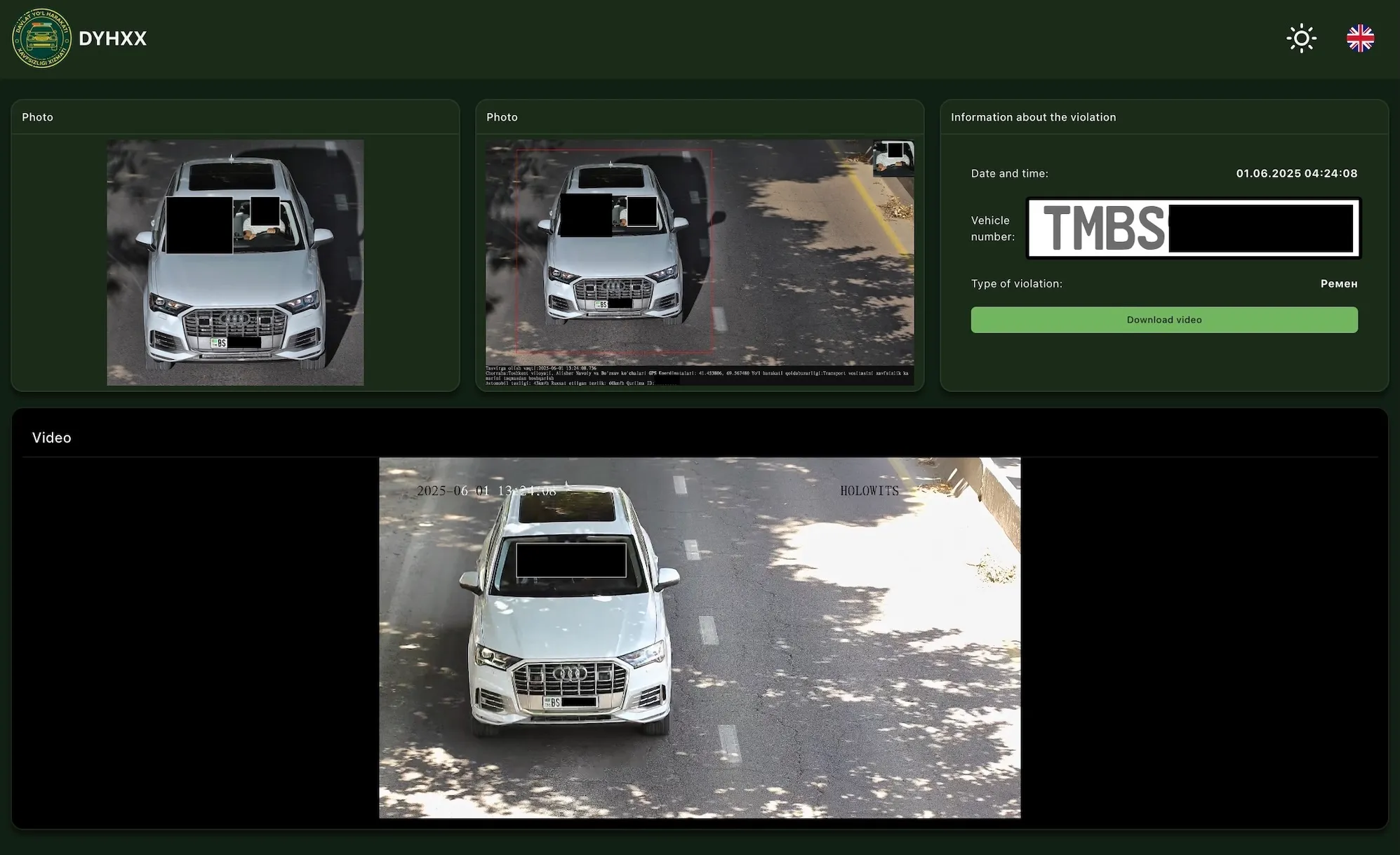 a screenshot of the Uzbek license plate scanning web dashboard, showing a license plate reader identifying and clocking a vehicle as violating traffic rules.