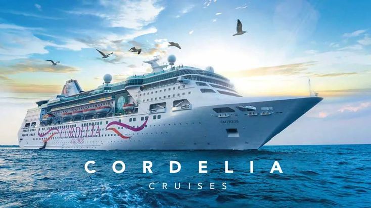 This may contain: a cruise ship in the ocean with seagulls flying around it and corfedlia cruises logo