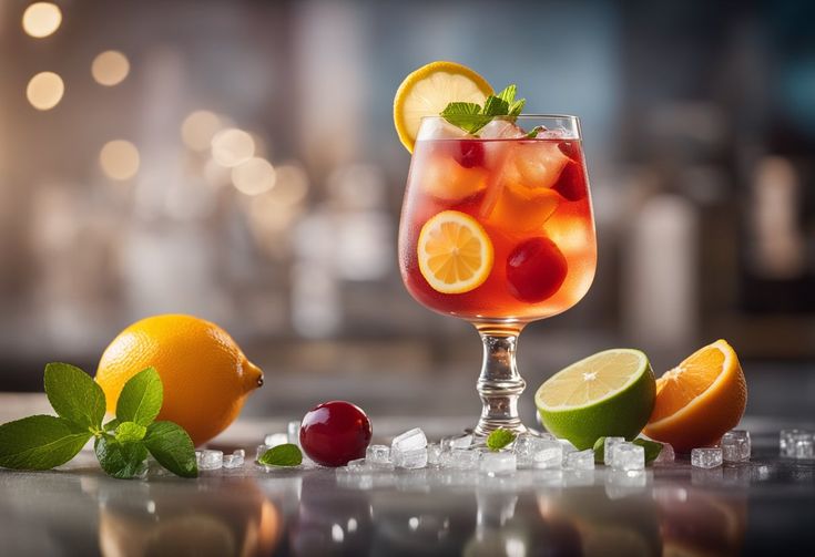 This may contain: a glass filled with liquid surrounded by lemons, cherries and lime wedges