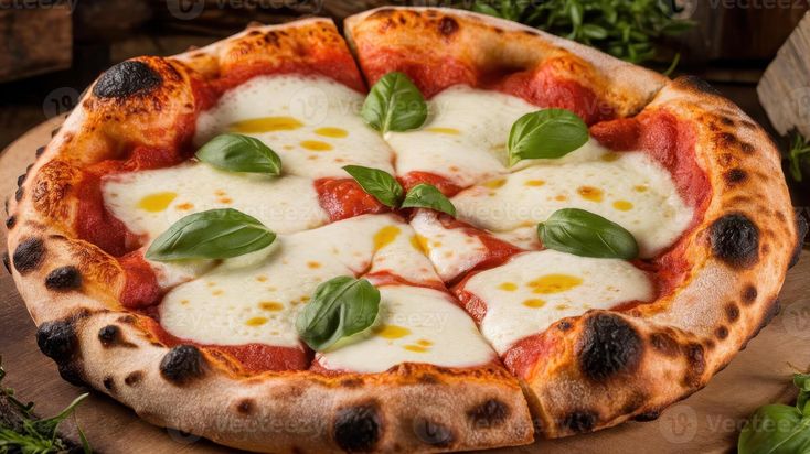 This may contain: a pizza with mozzarella and basil leaves on it