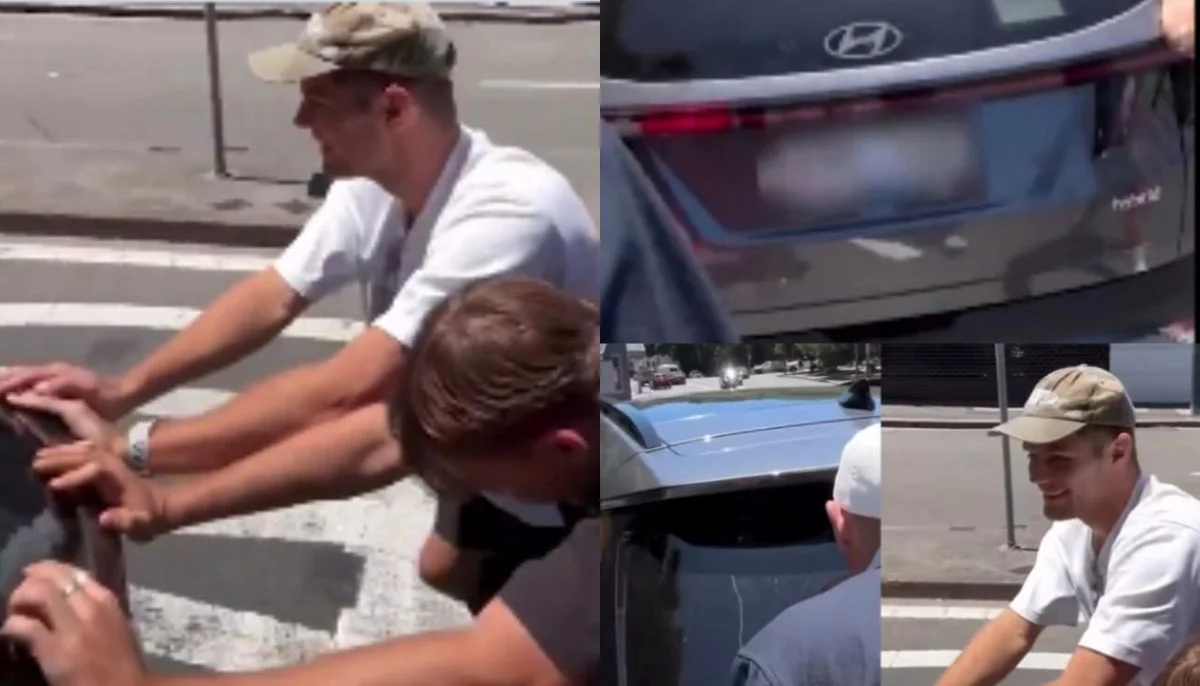 The four athletes did not give up on their commitments on the game day and chose to flex their muscles by pushing the car to keep it moving again