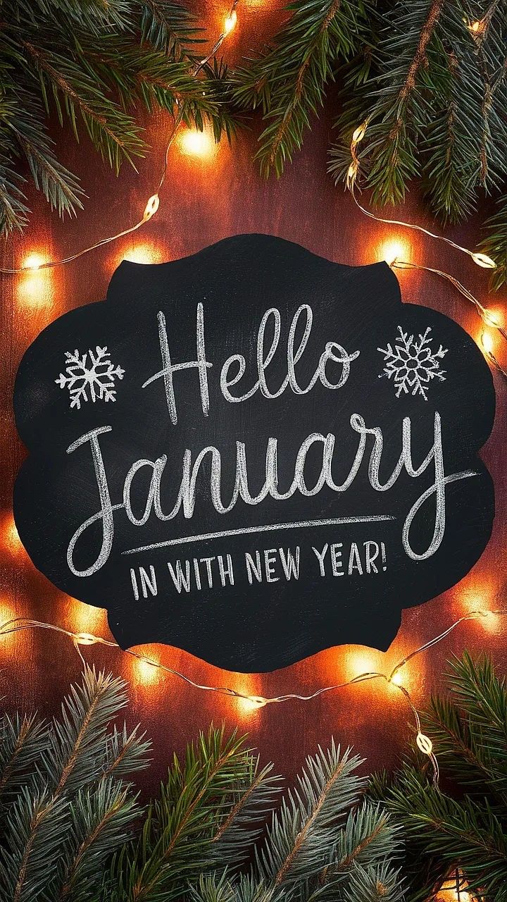 This may contain: a chalkboard sign that says hello january in front of a christmas tree with lights