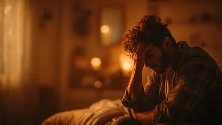 Indian man sitting on bed looking stressed and anxious, representing performance pressure