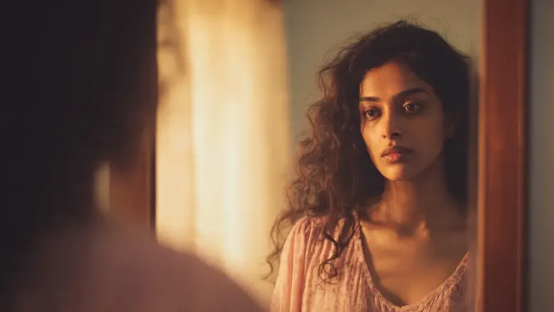 Indian woman looking at her reflection in mirror, symbolizing unrealistic body expectations