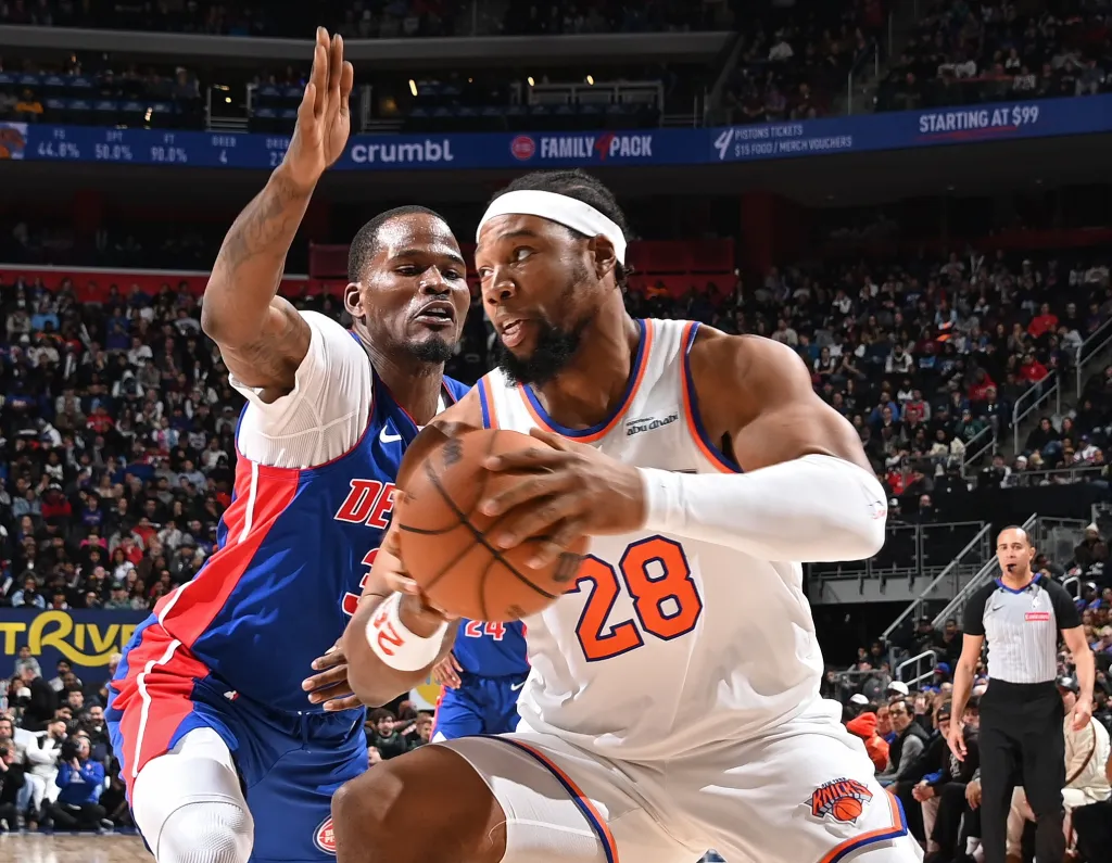 Guerschon Yabusele, looking to make a move during the Knicks' loss to the Pistons on Jan. 5, 2025, will be returning from a two-game absence because of a quad contusion.