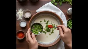 salt, red chili powder, finely chopped green chilies, and coriander are added to the batter and mixed well.