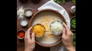 Grated kashifal and potatoes are added to the spiced batter and mixed thoroughly. If the mixture is too thin, a little more flour can be added.