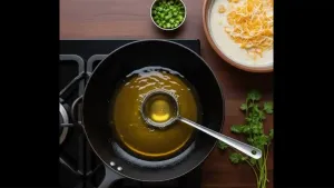 Sufficient oil is heated in a pan on medium flame. The oil should be hot enough so that the pakoras cook quickly and become crispy.