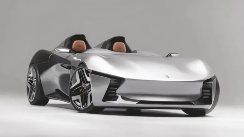 he image showcases a futuristic concept car, likely a roadster given its open-top design and separate headrests akin to a speedster. The car's design is a blend of sleek, aerodynamic curves and sharp, angular lines.