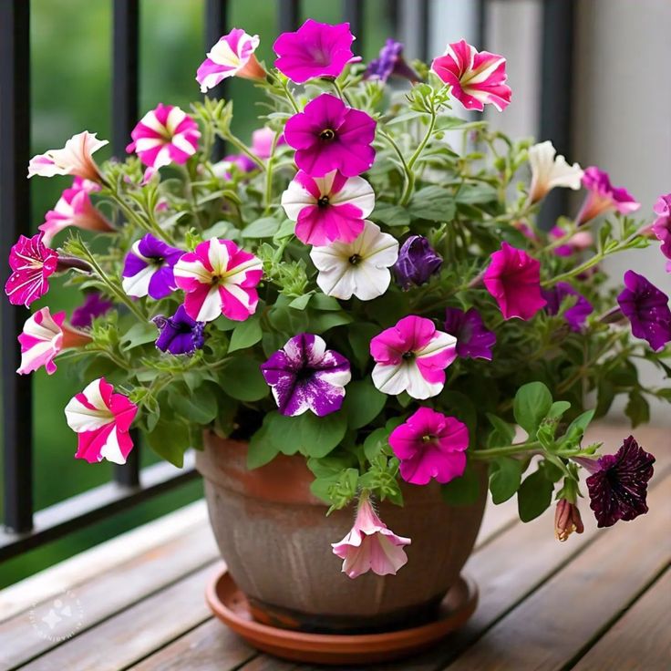 This may contain: a potted plant with purple and white flowers