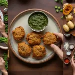 A collage showing each step in the process of making delicious Kashifal pakoras from start to finish